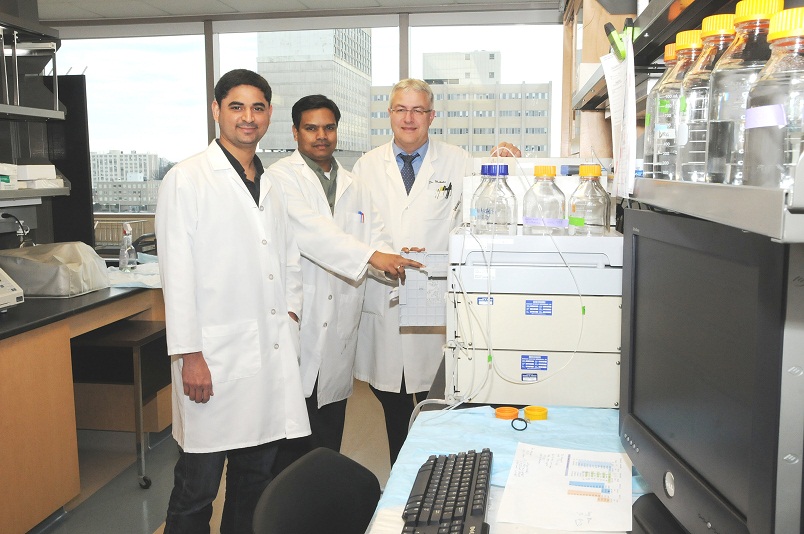 The results of collaborative research efforts by Dr. Bernd Meibohm (right), his research team, Dora Madhura, PhD, (center), and Ashit Trivedi, MS, as well as investigators at other institutions, were published in the February issue of Nature Medicine, a leading biomedical sciences journal. 