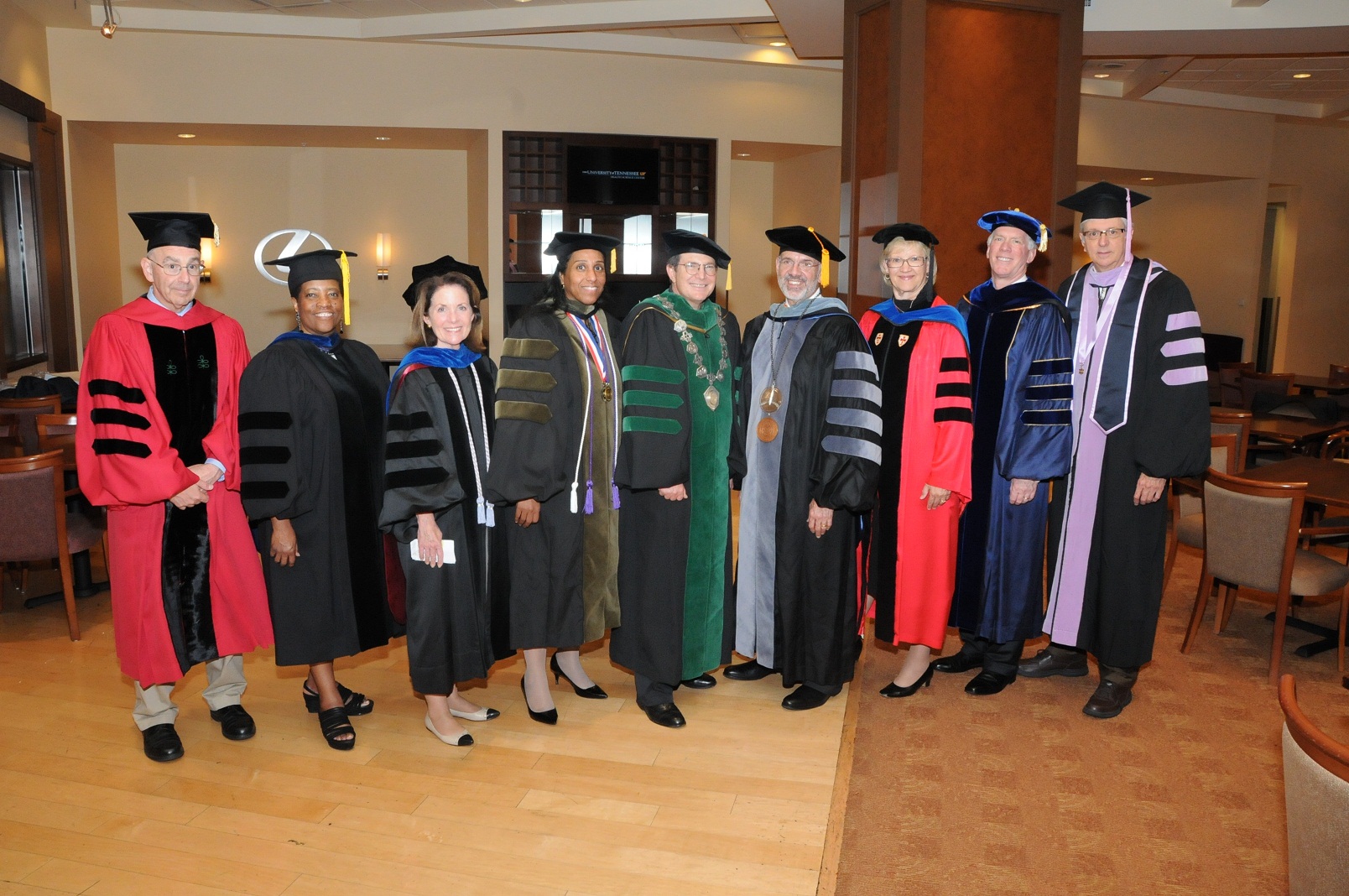 Pictured before commencement are (from left): David Stern, MD, executive dean of the College of Medicine; Noma Anderson, PhD, dean of the College of Allied Health Sciences; Laura Talbot, PhD, EdD, RN, dean of the College of Nursing, Marie Chisholm-Burns, PharmD, MPH, dean of the College of Pharmacy; Steve J. Schwab, MD, UTHSC chancellor; Joe DiPietro, UT System president; Cheryl Scheid, PhD, vice chancellor for academic, faculty and student affairs;  Don Thomason, PhD, dean of the College of Graduate Health Sciences; and Tim Hottel, DDS, dean of the College of Dentistry. 