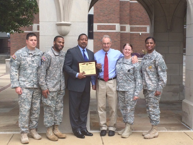 From left, Capt. Gary Miller, Staff Sgt. Martell Todd, Dr. Kennard Brown, Dr. David Stern, Lt. Col. Nancy Parson, and Command Sgt. Maj. Derise Miller