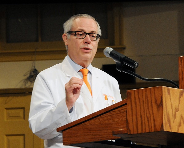 Dr. Robert J. Kaplan addresses students, faculty, parents and staff during the 2014 White Coat Ceremony for the UTHSC College of Medicine in August. The top position in the college is now named after him.