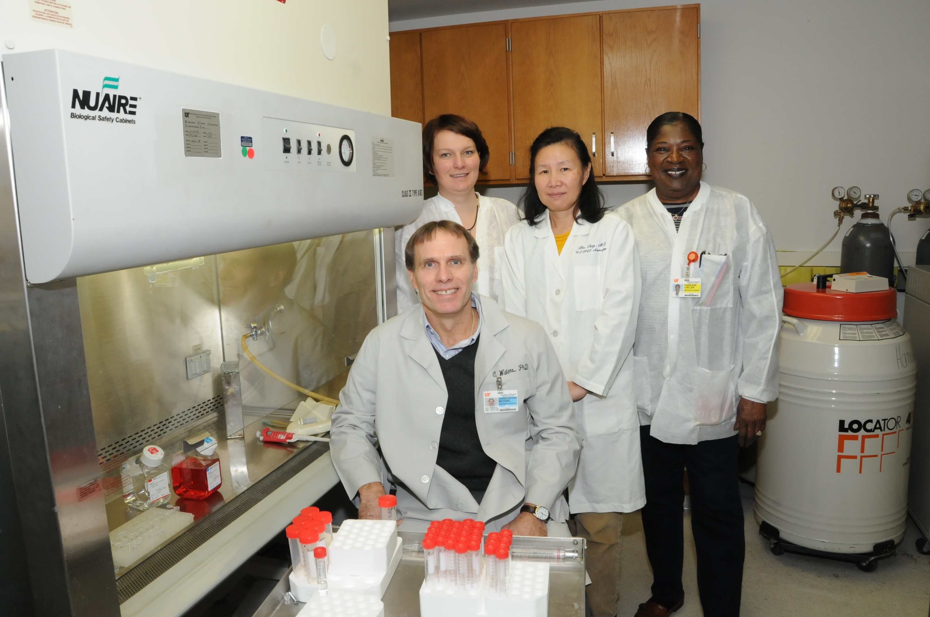 Dr. Christopher Waters and his research team (from left, Kristina Wilhelm, PhD, Bin Teng, PhD, and Charlean Luellen) have received a $1.5 million grant from the NIH that will allow them to understand the repair process associated with various lung injuries. 