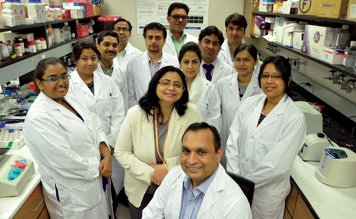 The UTHSC Pancreatic Cancer Research team: back row, from left Swati Balkrishna, Neeraj Chauhan, Murali M. Yallapu, Rishi K. Gara, Saif Zaman, M. D. Sikander, Sheema Khan, Aditya Ganju, Vaibhav Gandhi, Sonam Kumari and Saini Setua. In center, Meena Jaggi and Subhash Chauhan 