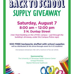 Back to School supply giveaway August 7, 2021 from 8 am to noon at 3 N. Dunlap