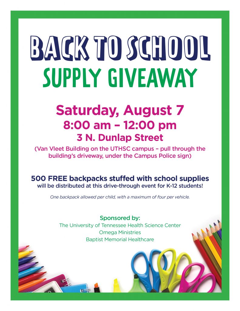 Back to School supply giveaway August 7, 2021 from 8 am to noon at 3 N. Dunlap