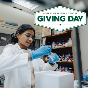 Photo of a researcher with the Giving Day logo