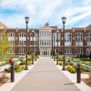 Photo of the Mooney Building and quadrangle